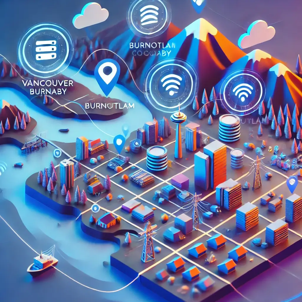A map highlighting Vancouver and surrounding cities with a digital hosting theme.