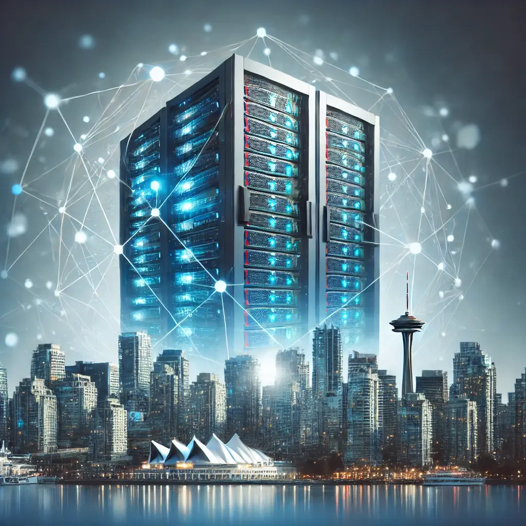 Server rack with a Vancouver skyline overlay.