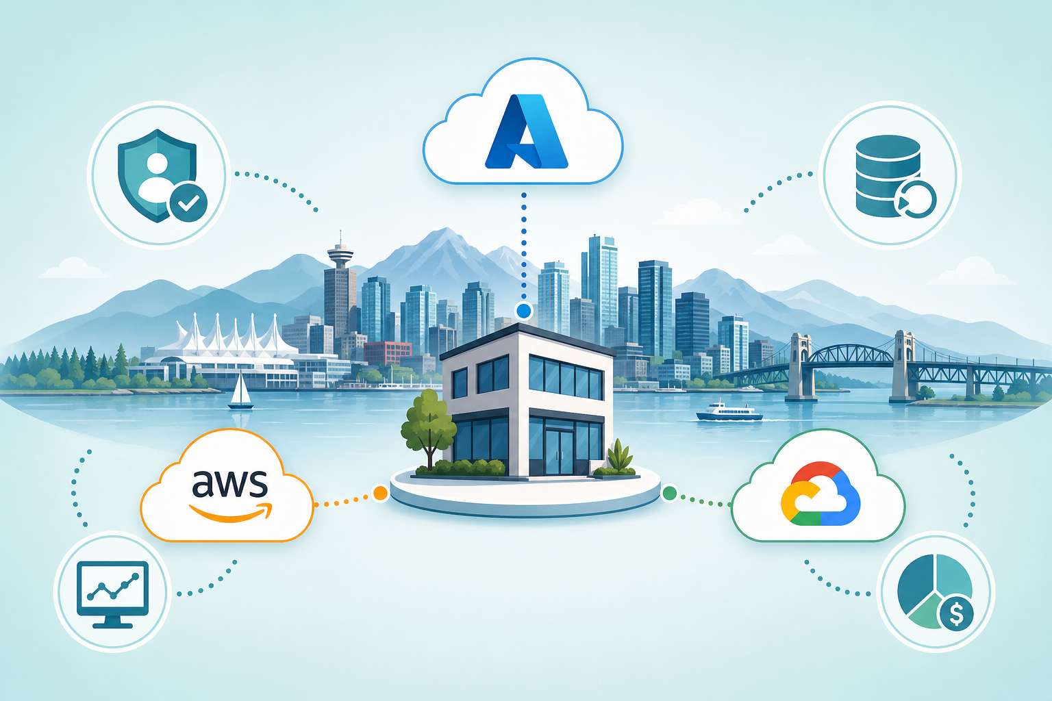 An editorial illustration of a Vancouver business stack flowing into Azure, AWS, and Google Cloud edges with monitoring, identity, and backup icons.