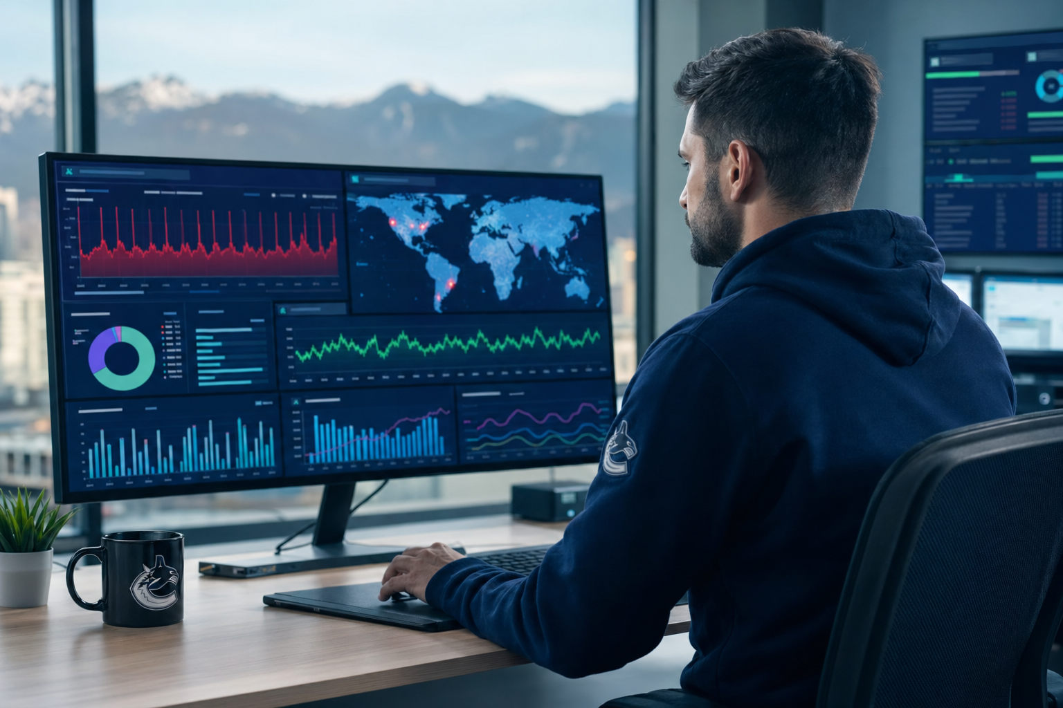 A Vancouver IT specialist reviewing a security operations dashboard with WAF traffic, blocked bot waves, and a green-status uptime chart.