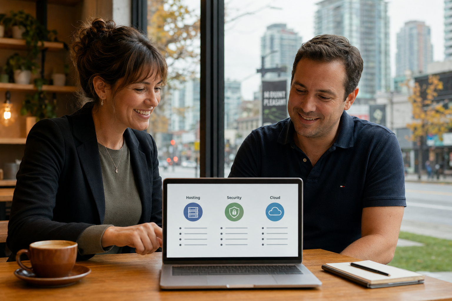 A small-business owner and a Vancouver IT consultant looking at a single page roadmap on a laptop, with notes about hosting, security, and cloud.