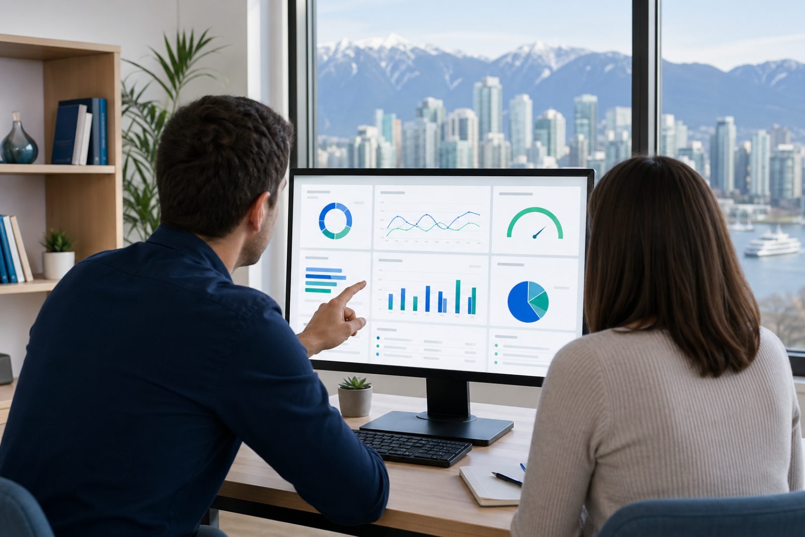 A local Vancouver IT specialist and a small-business owner reviewing a website performance dashboard with the Vancouver skyline visible through the window.