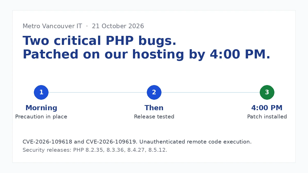Timeline for 21 October 2026: a morning precaution, a test of the PHP security release, and the patch installed on Metro Vancouver IT hosting by 4:00 PM Pacific.