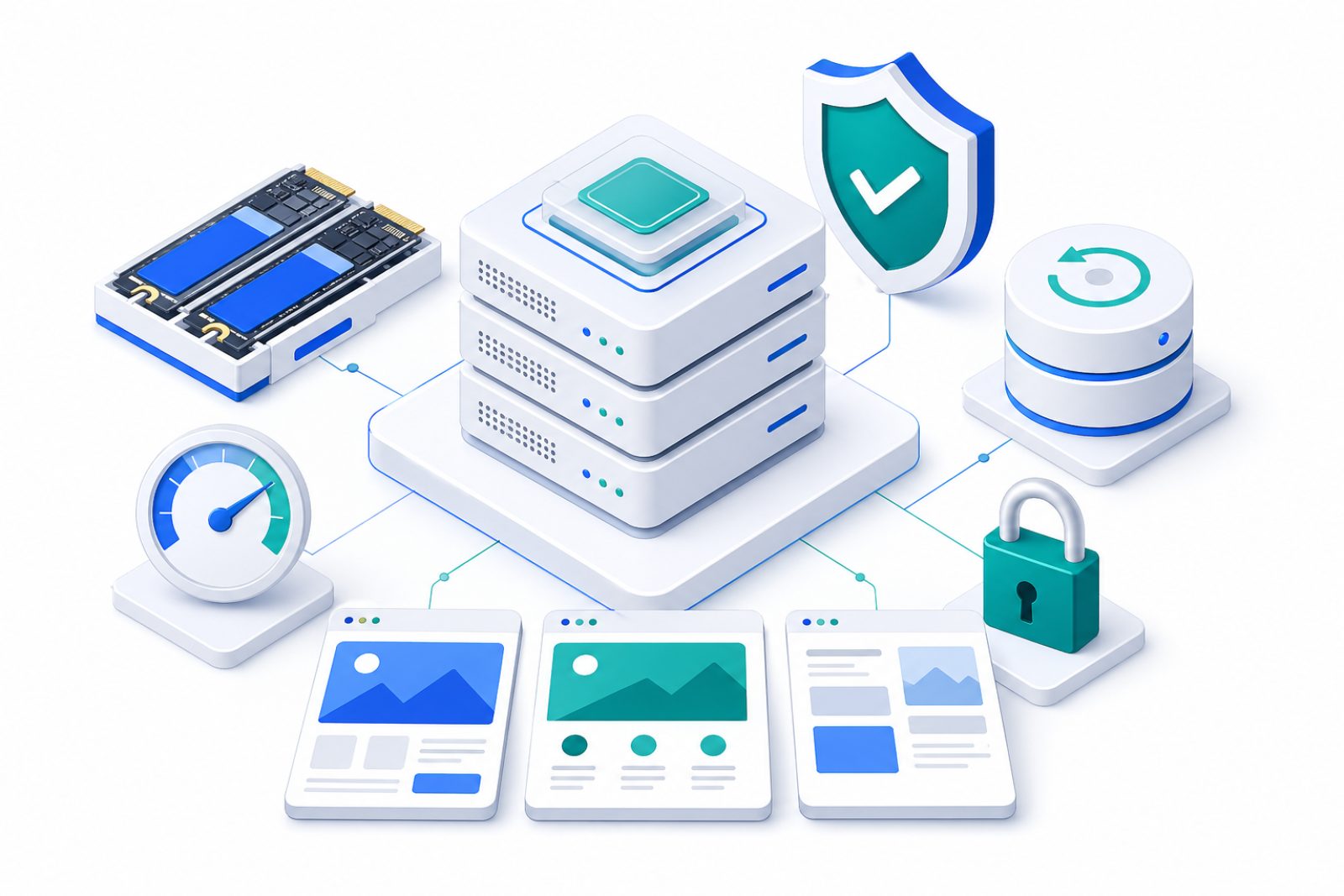 A clean illustration of a managed hosting stack with WAF, CDN, SSL, backups and monitoring layered over each other.