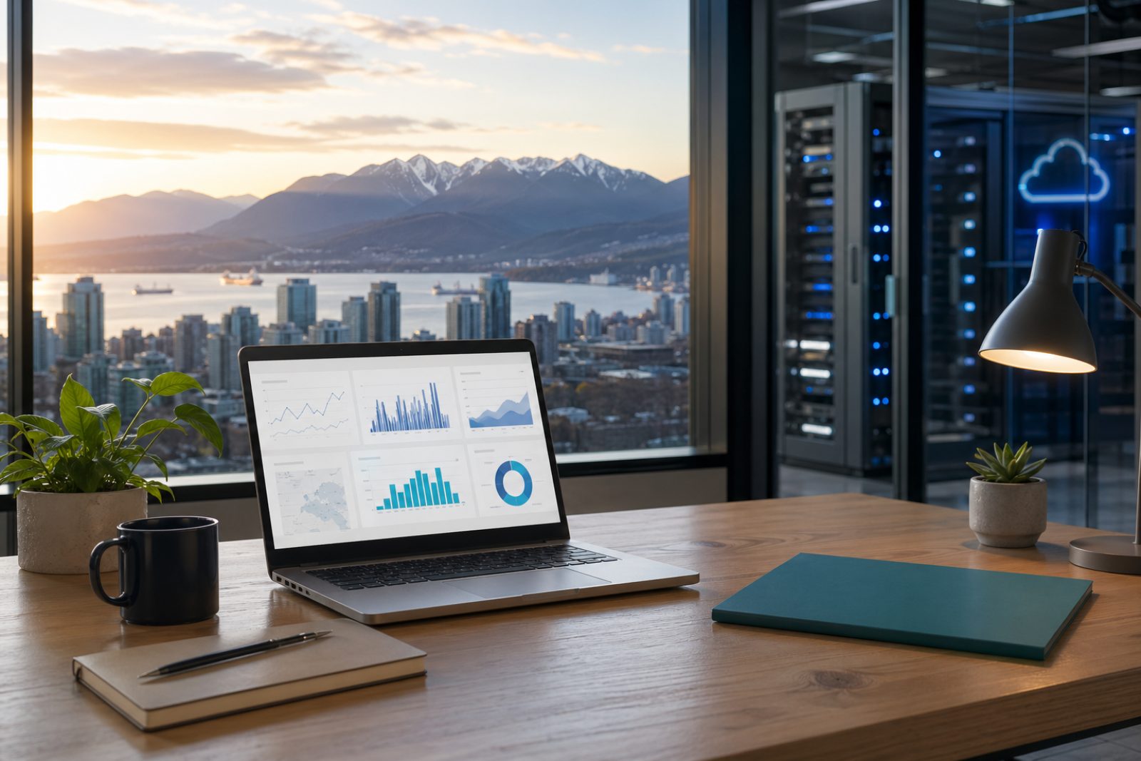 A Vancouver business owner reviewing a website performance dashboard with the downtown skyline visible behind them.