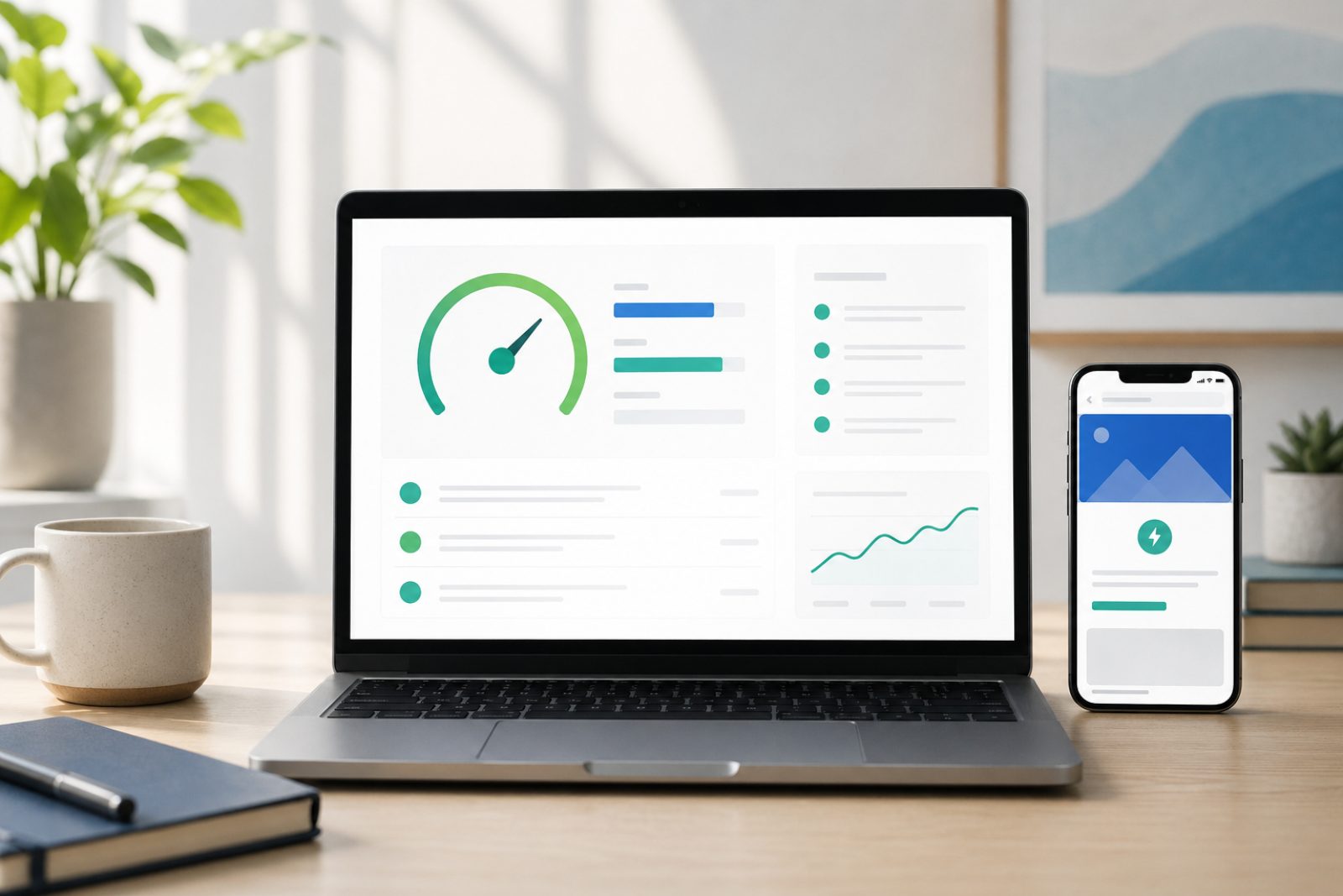 A WordPress speed dashboard glowing on a laptop in a Vancouver coffee shop.