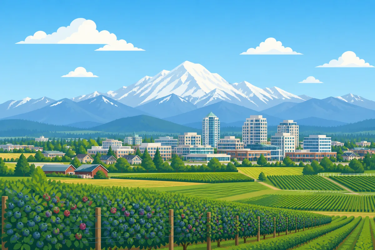Illustrated landmarks and skyline representing Abbotsford, British Columbia