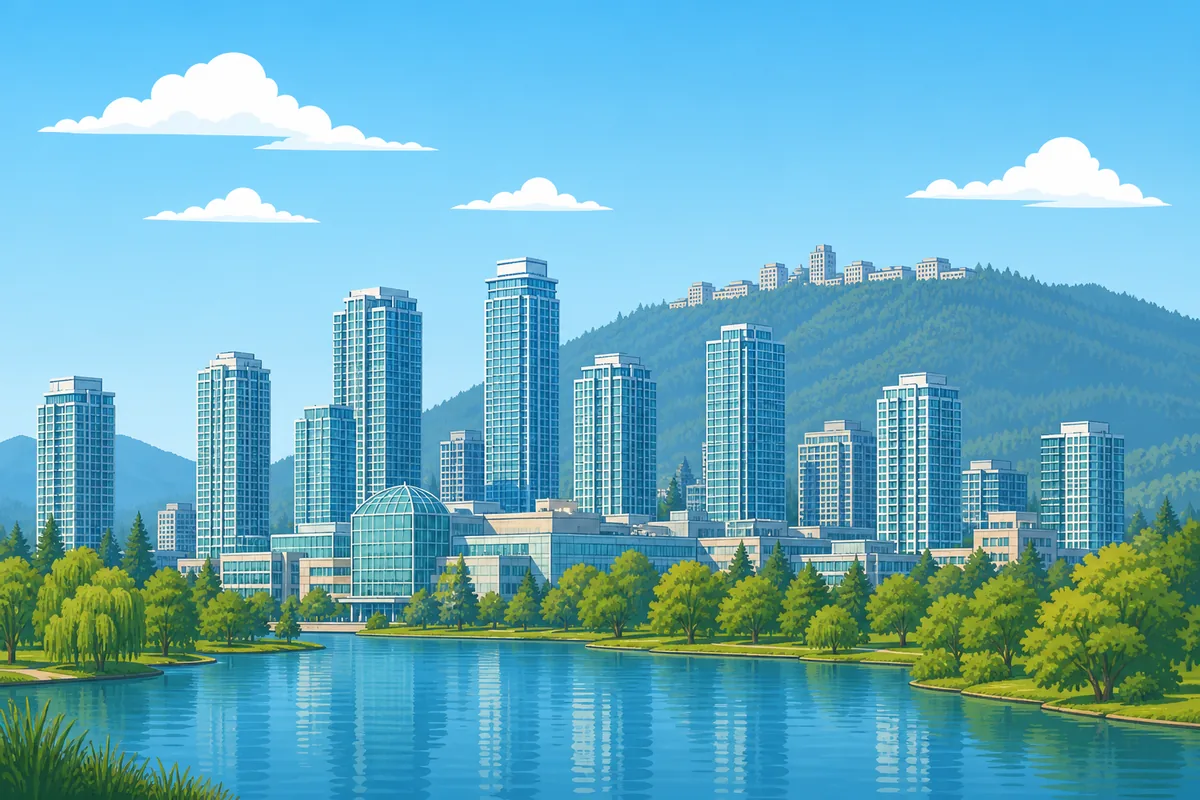 Illustrated landmarks and skyline representing Burnaby, British Columbia