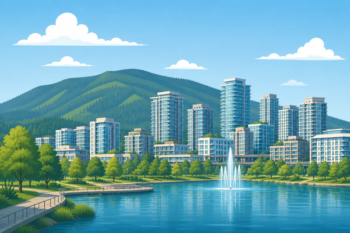 Illustrated landmarks and skyline representing Coquitlam, British Columbia
