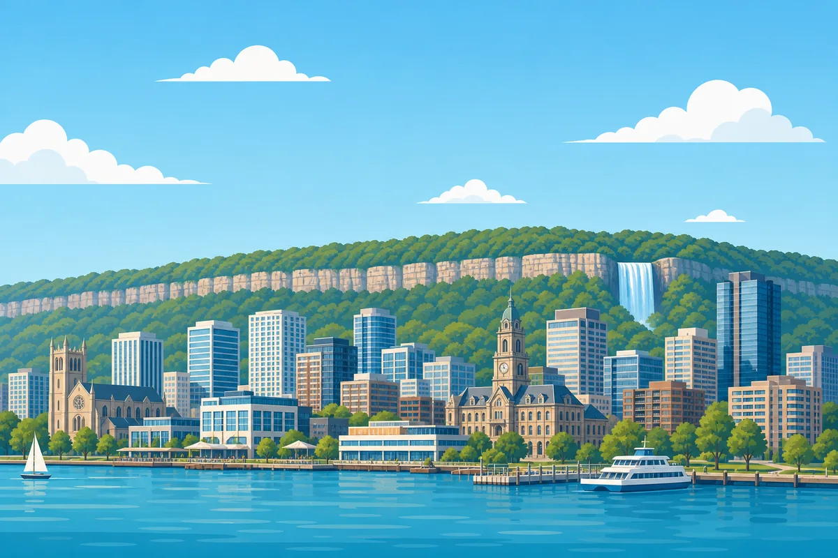 Illustrated landmarks and skyline representing Hamilton, Ontario