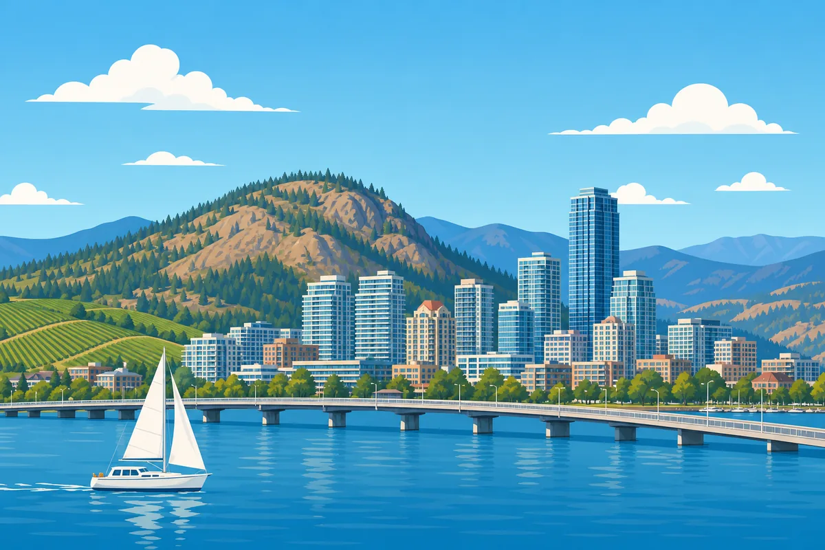 Illustrated landmarks and skyline representing Kelowna, British Columbia