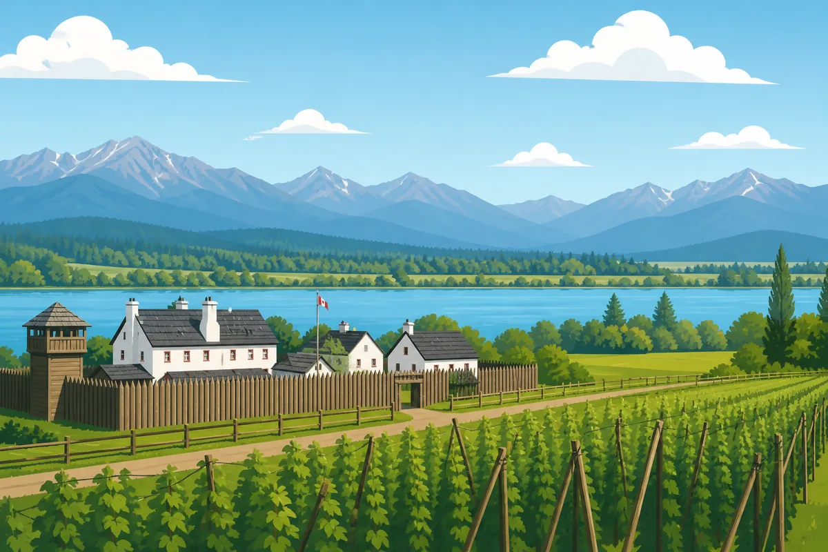 Illustrated landmarks and skyline representing Langley, British Columbia