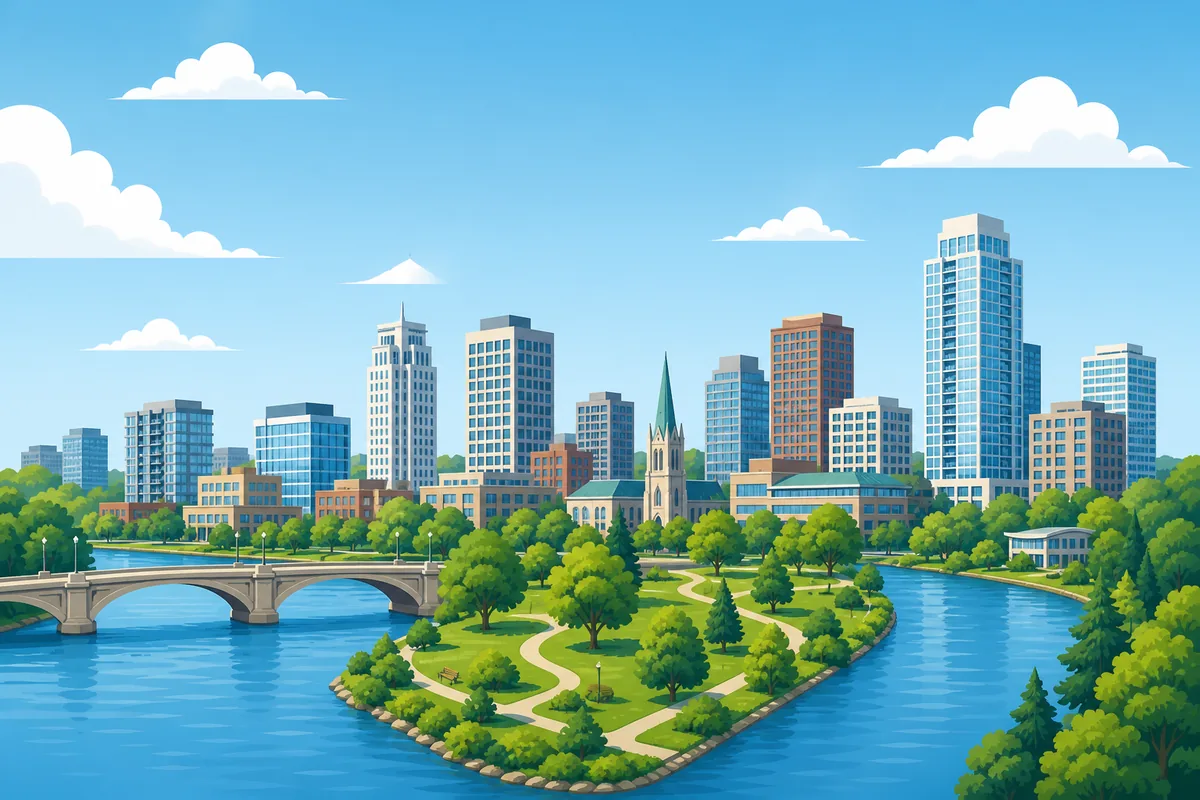 Illustrated landmarks and skyline representing London, Ontario