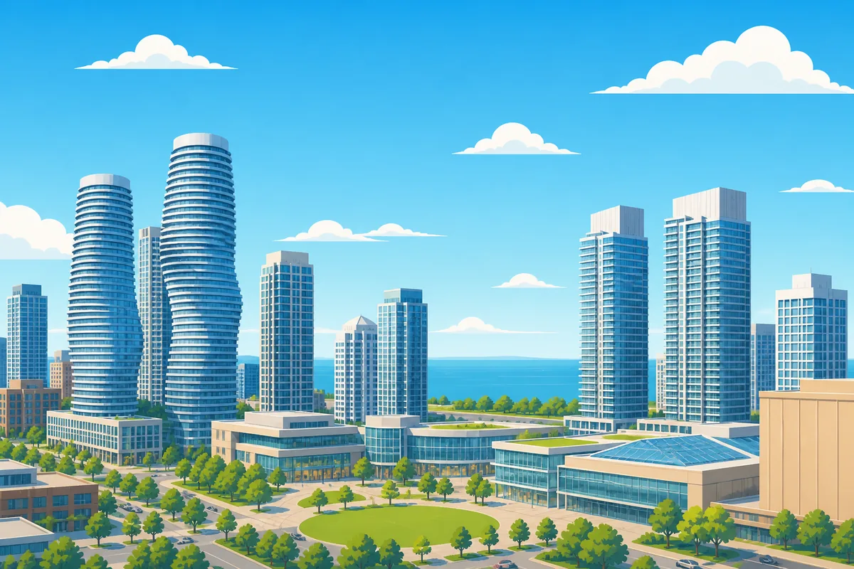 Illustrated landmarks and skyline representing Mississauga, Ontario