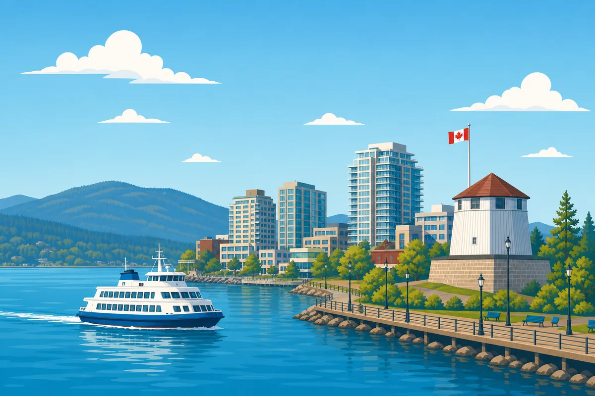 Illustrated landmarks and skyline representing Nanaimo, British Columbia