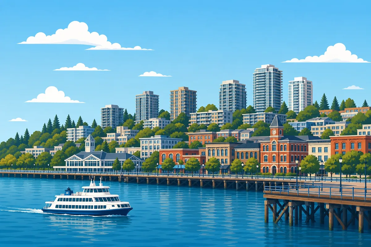 Illustrated landmarks and skyline representing New Westminster, British Columbia
