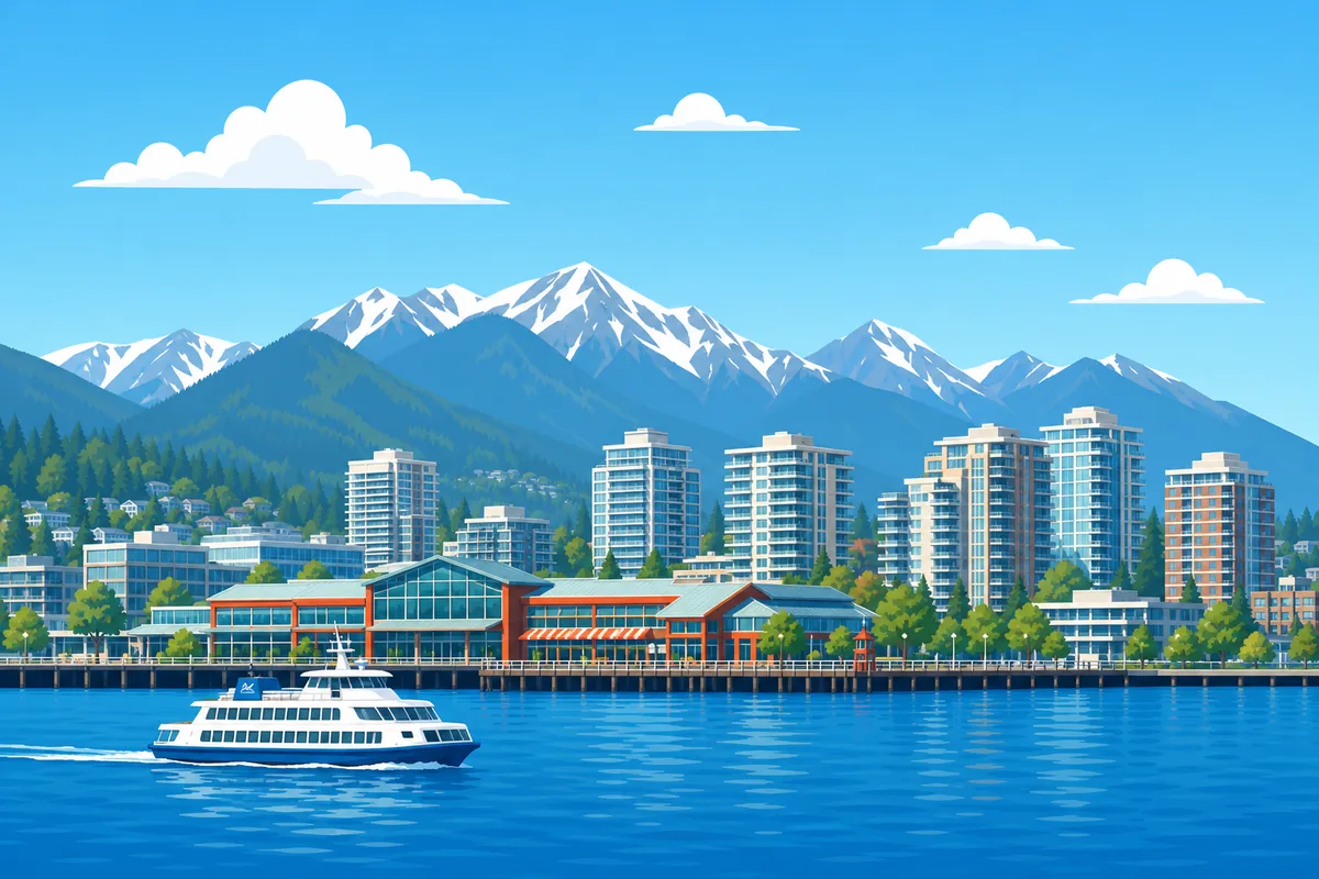 Illustrated landmarks and skyline representing North Vancouver, British Columbia