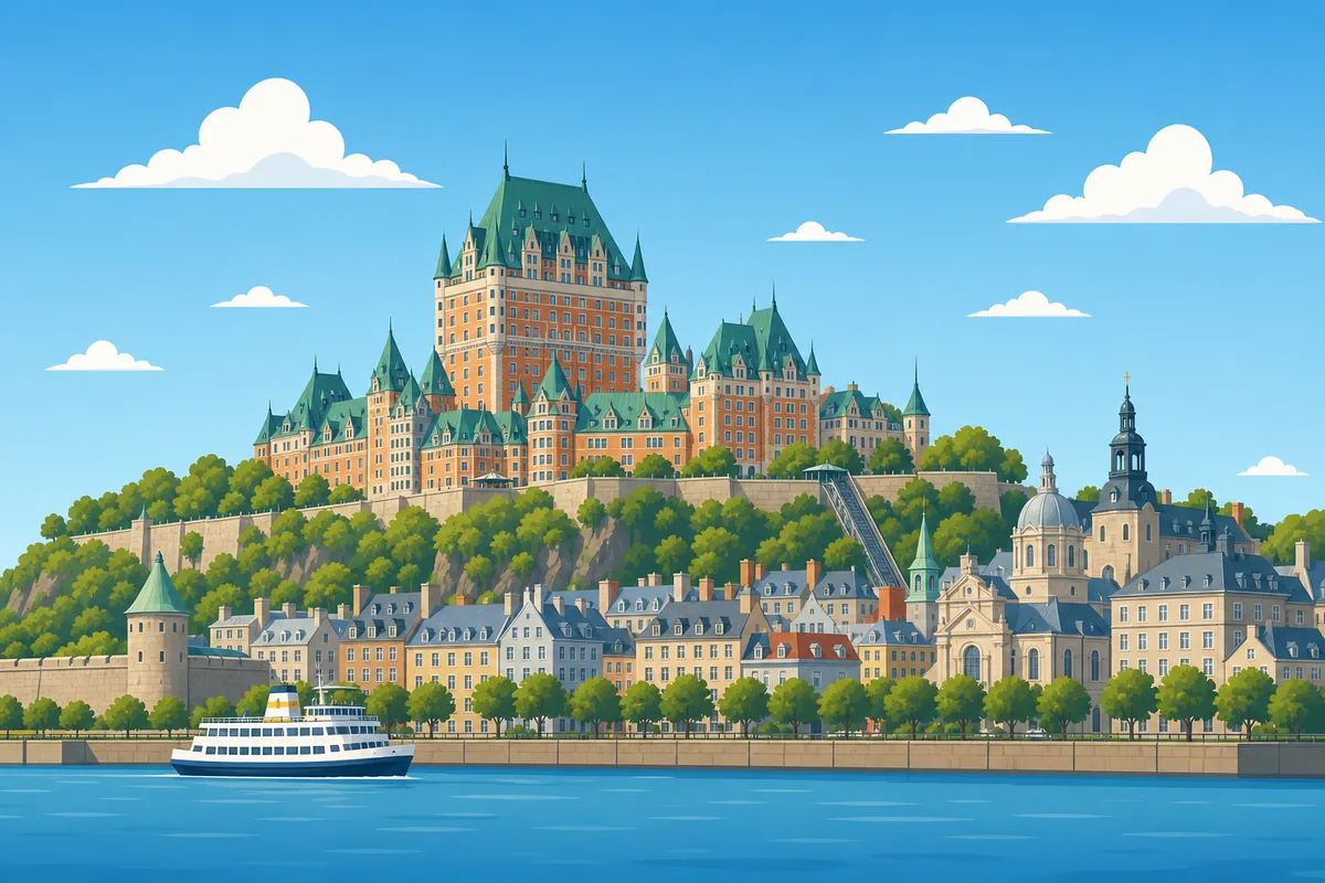Illustrated landmarks and skyline representing Quebec City, Quebec