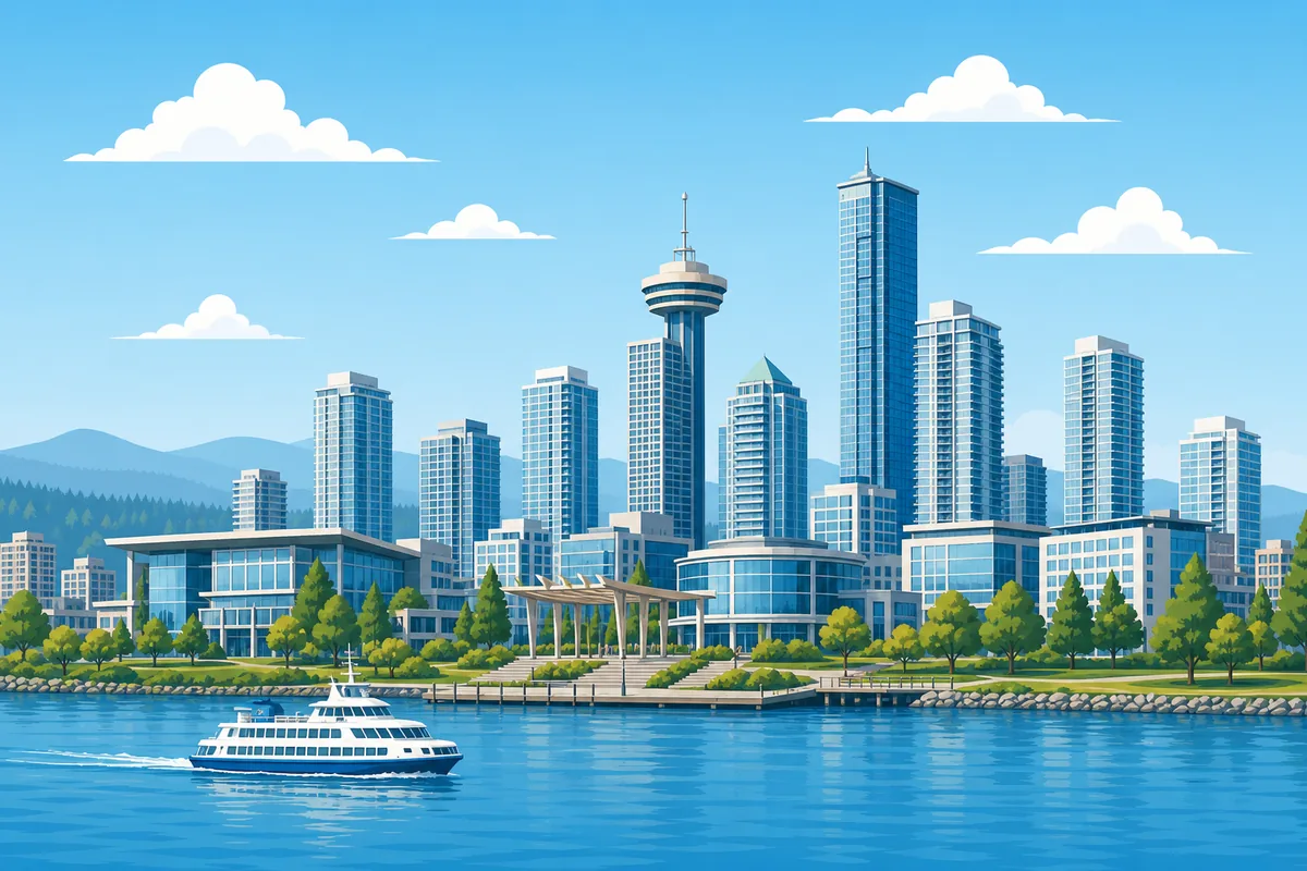 Illustrated landmarks and skyline representing Surrey, British Columbia