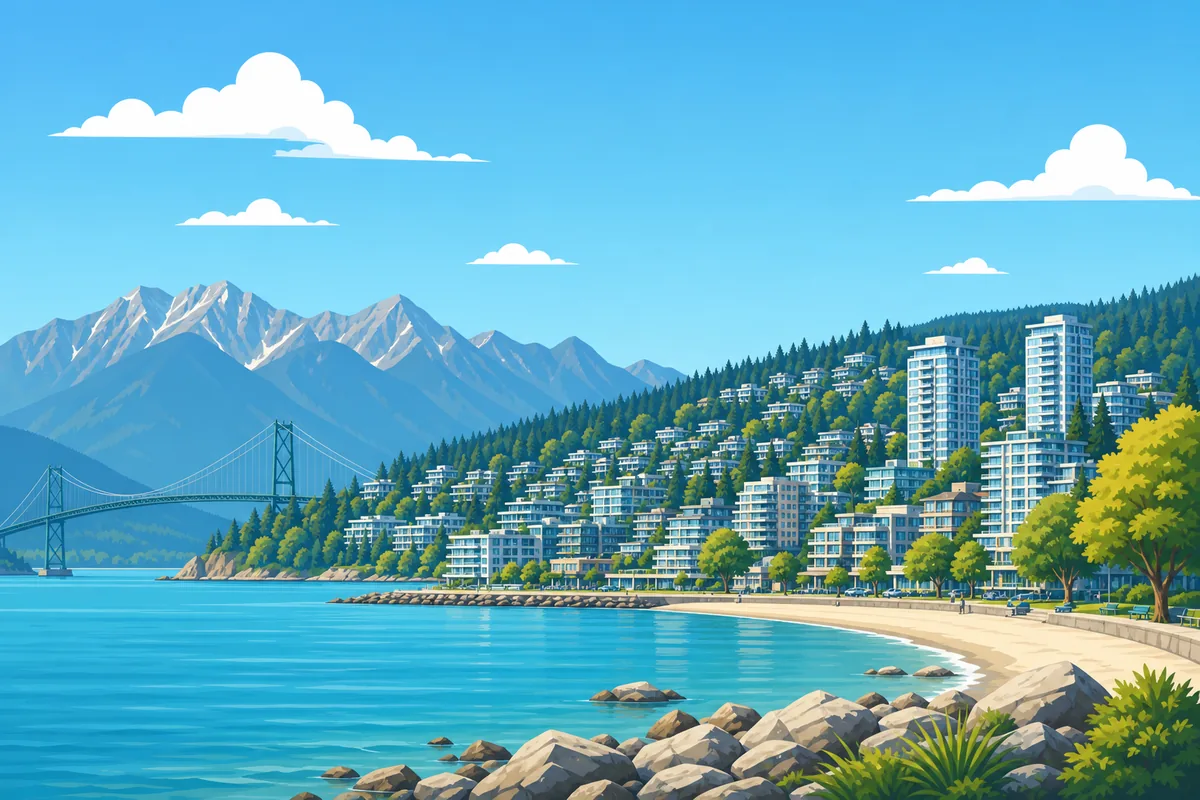 Illustrated landmarks and skyline representing West Vancouver, British Columbia