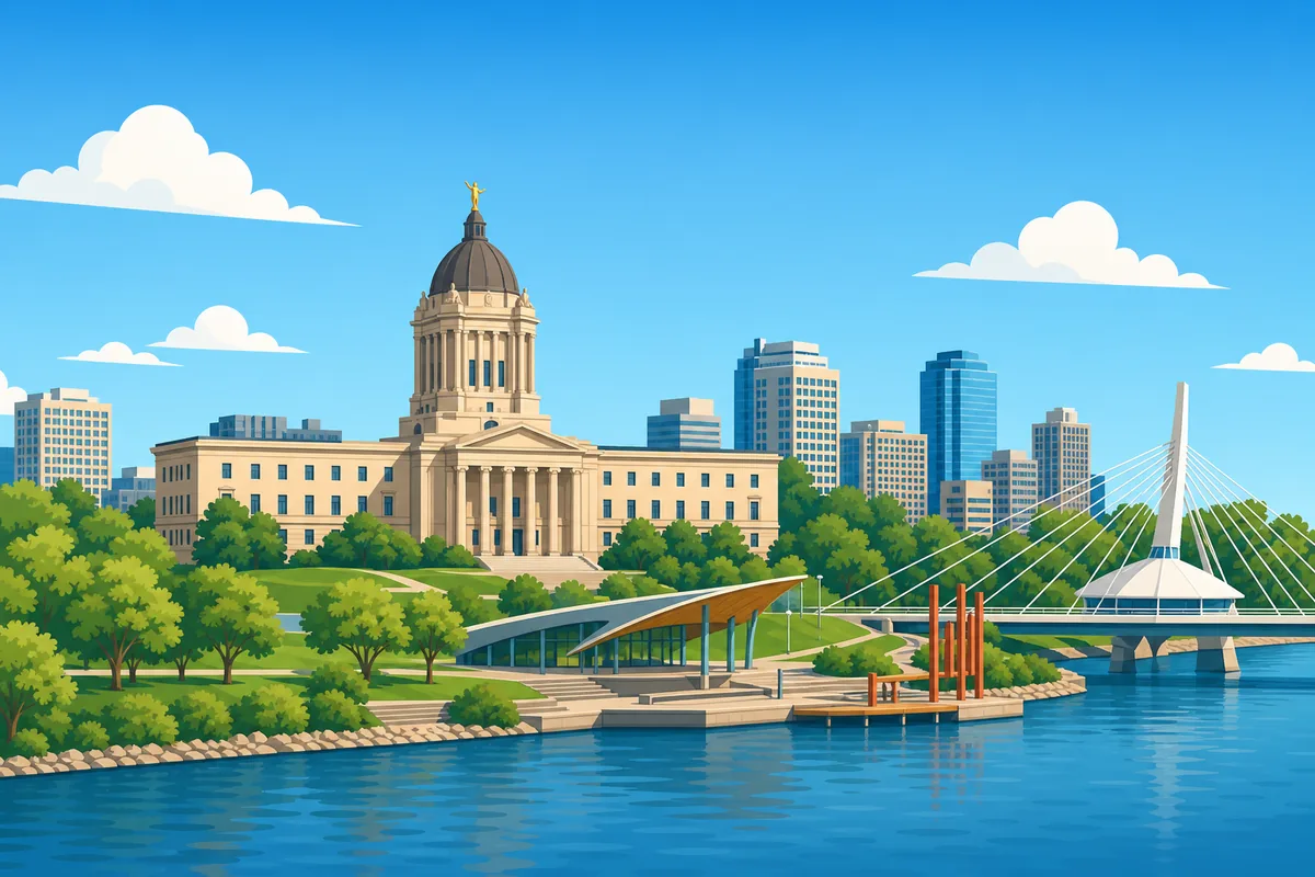 Illustrated landmarks and skyline representing Winnipeg, Manitoba