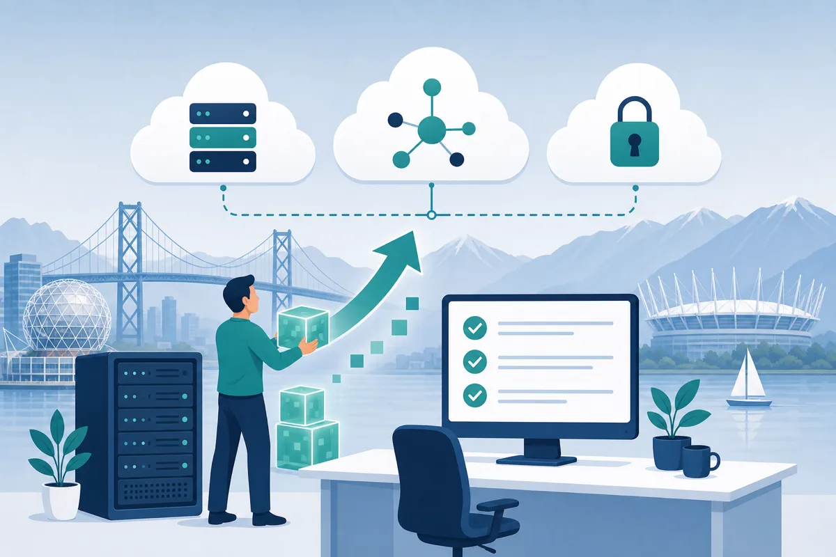 Illustration of cloud migration from on-prem servers to Azure, AWS, and Google Cloud