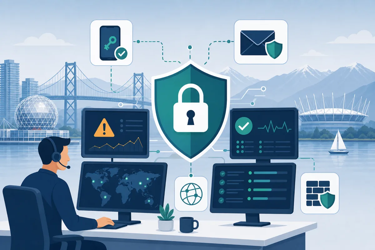 Illustration of cybersecurity monitoring, shield protection, and incident response