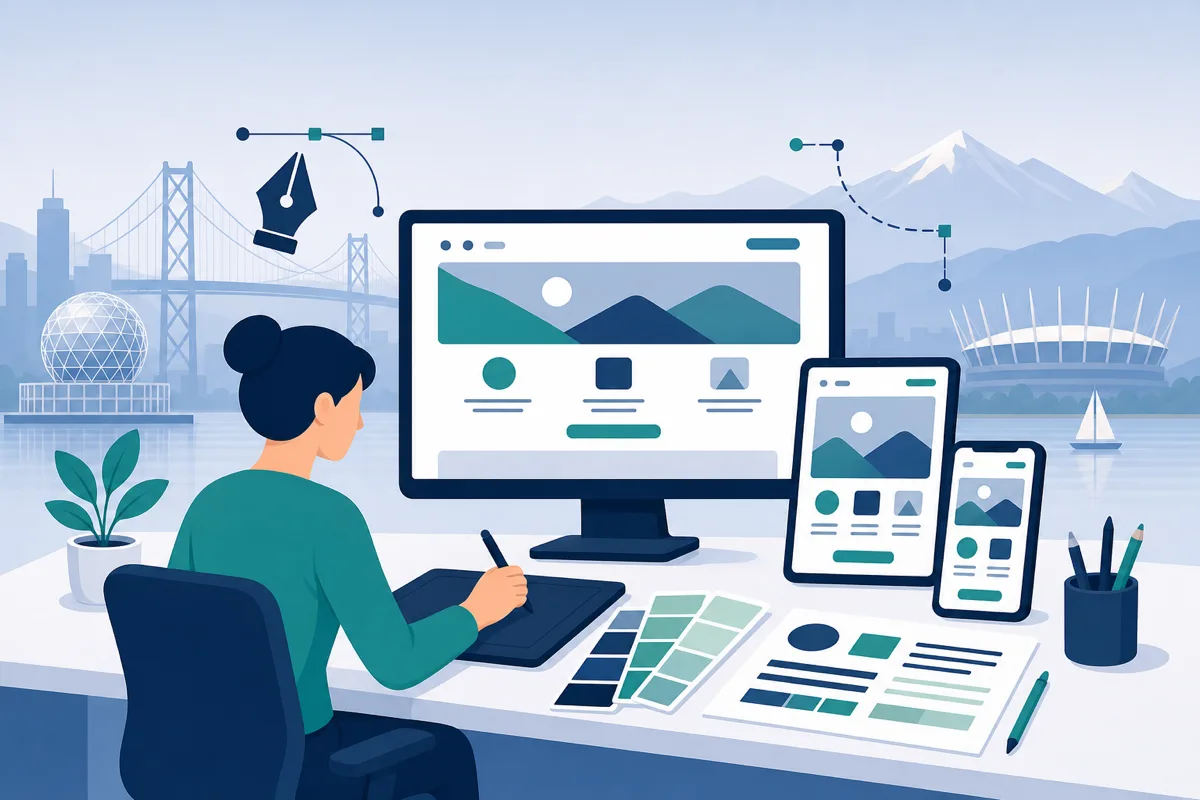 Illustration of web design and branding with mockups across desktop, tablet, and mobile