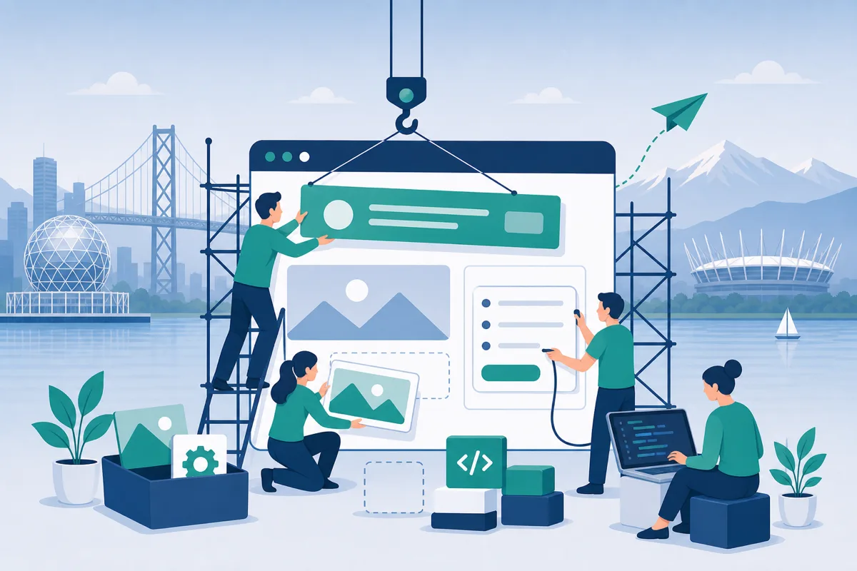 Illustration of website development with a team building a business website