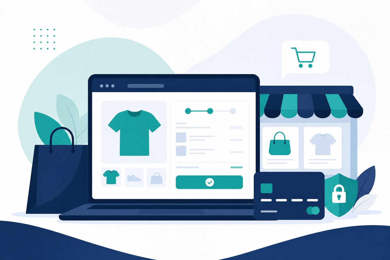 Illustration of ecommerce website development and checkout