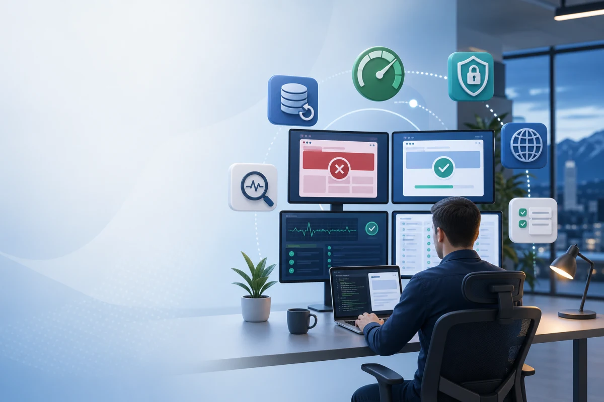 Illustration of emergency website repair diagnostics and recovery