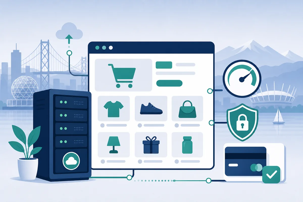 Illustration of Magento ecommerce hosting with secure checkout and server monitoring