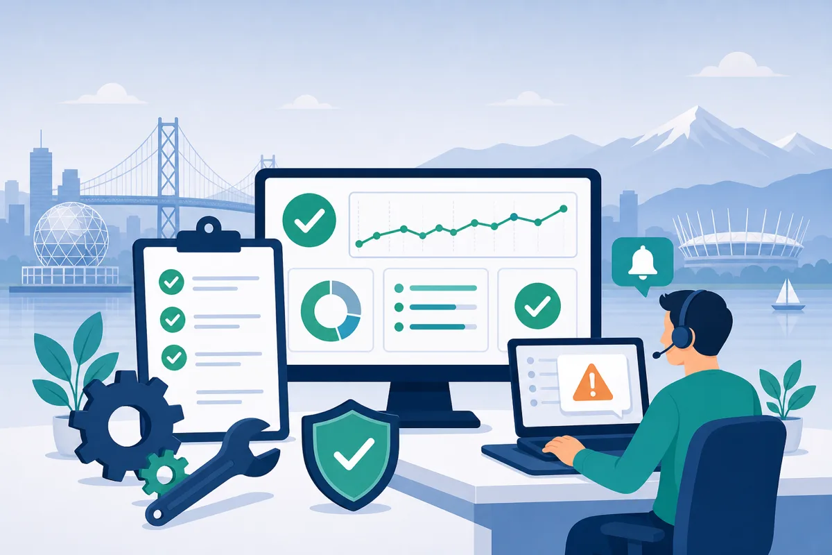 Illustration of website maintenance with checklists, uptime monitoring, and support