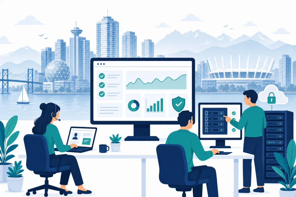 Illustration of a Vancouver managed IT services team monitoring dashboards, servers, and helpdesk calls