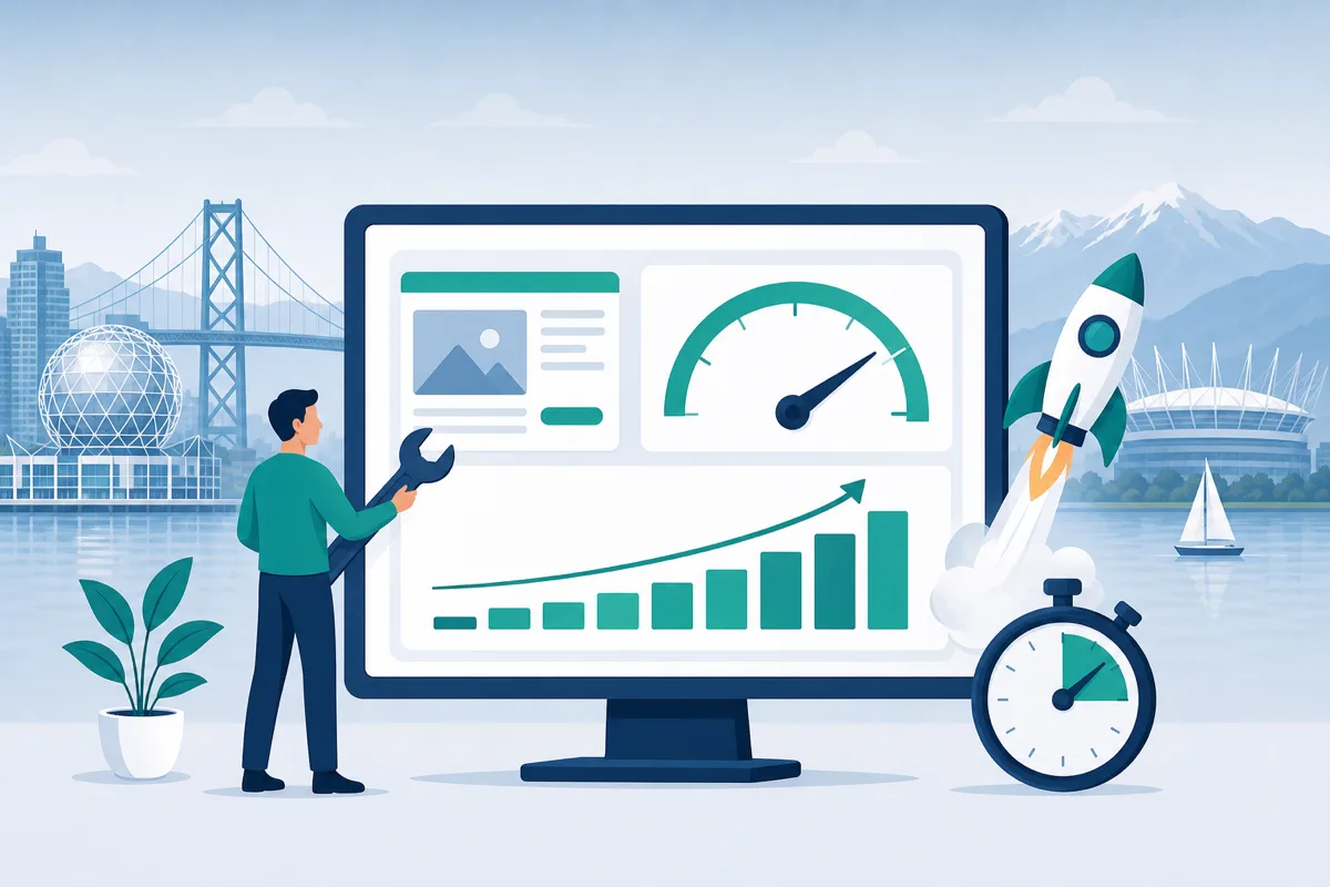 Illustration of website speed optimization with performance gauges and Core Web Vitals improvements