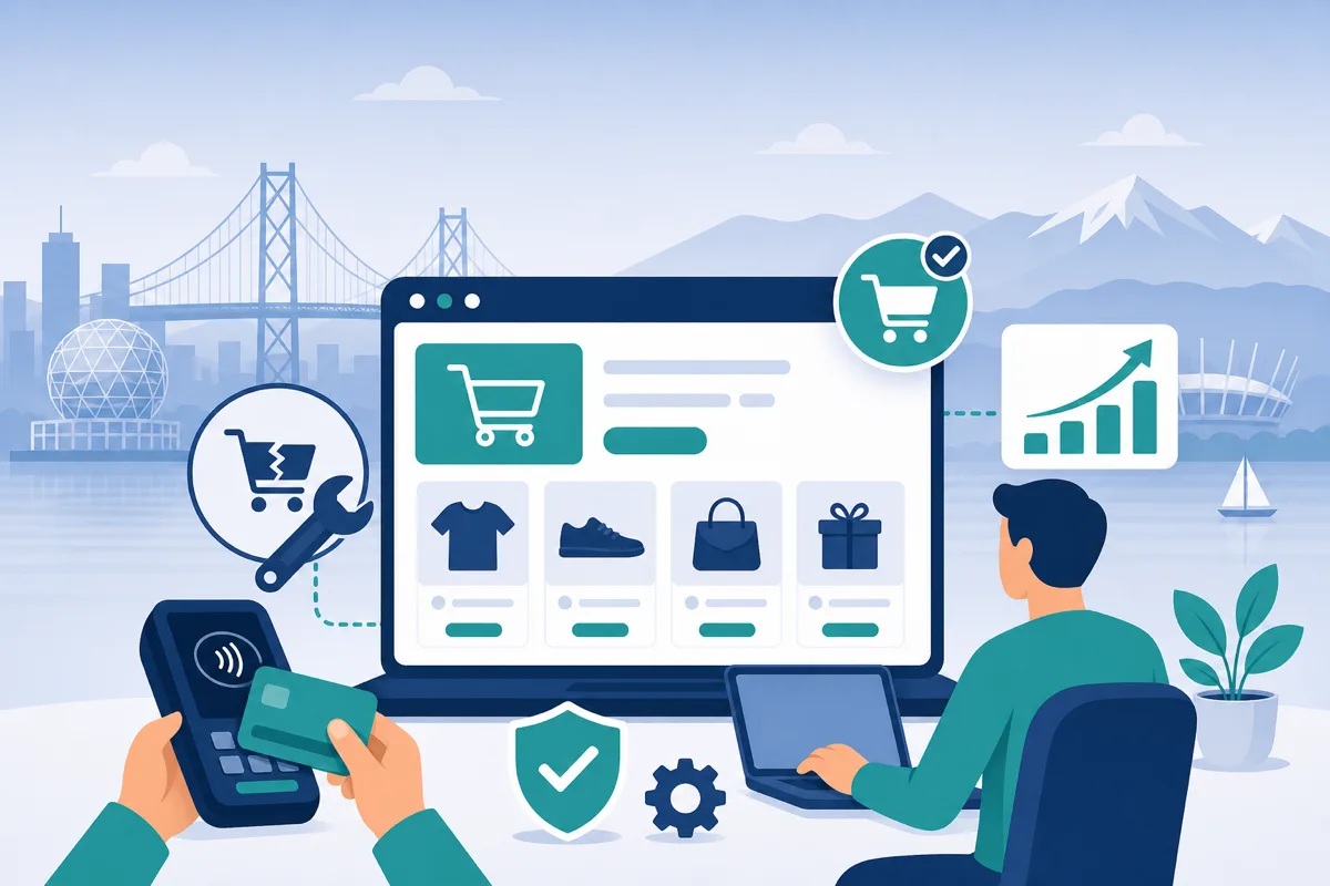 Illustration of WooCommerce store support with online sales and checkout optimization