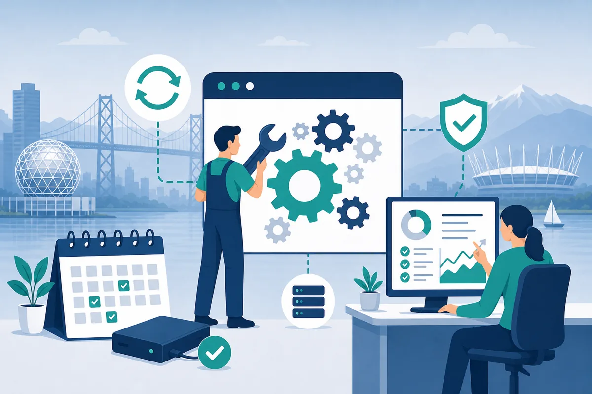 Illustration of WordPress maintenance with updates, backups, and site health monitoring