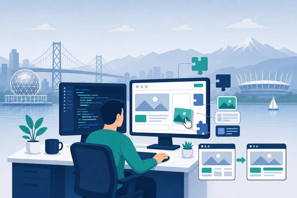 Illustration of WordPress development with custom themes, code, and staging workflows