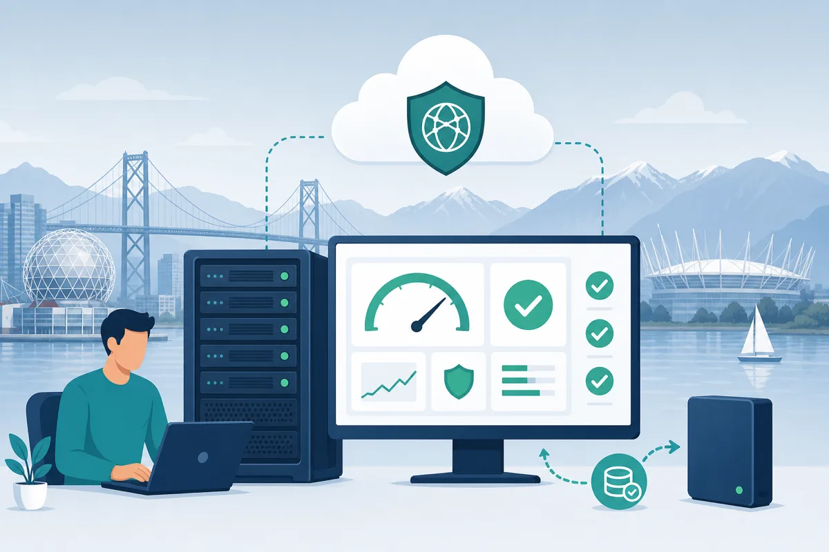 Illustration of managed WordPress hosting with server monitoring, CDN security, and backups