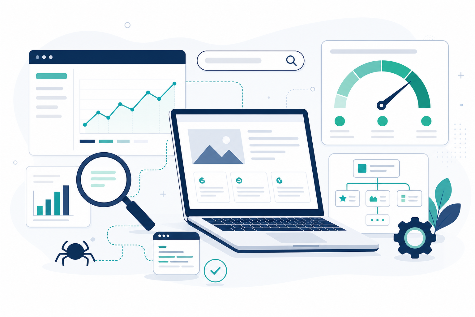 Illustration of WordPress technical SEO and analytics