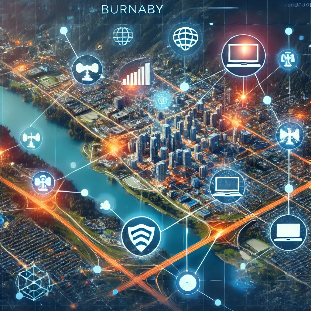 A digital map of Burnaby highlighting web hosting solutions.