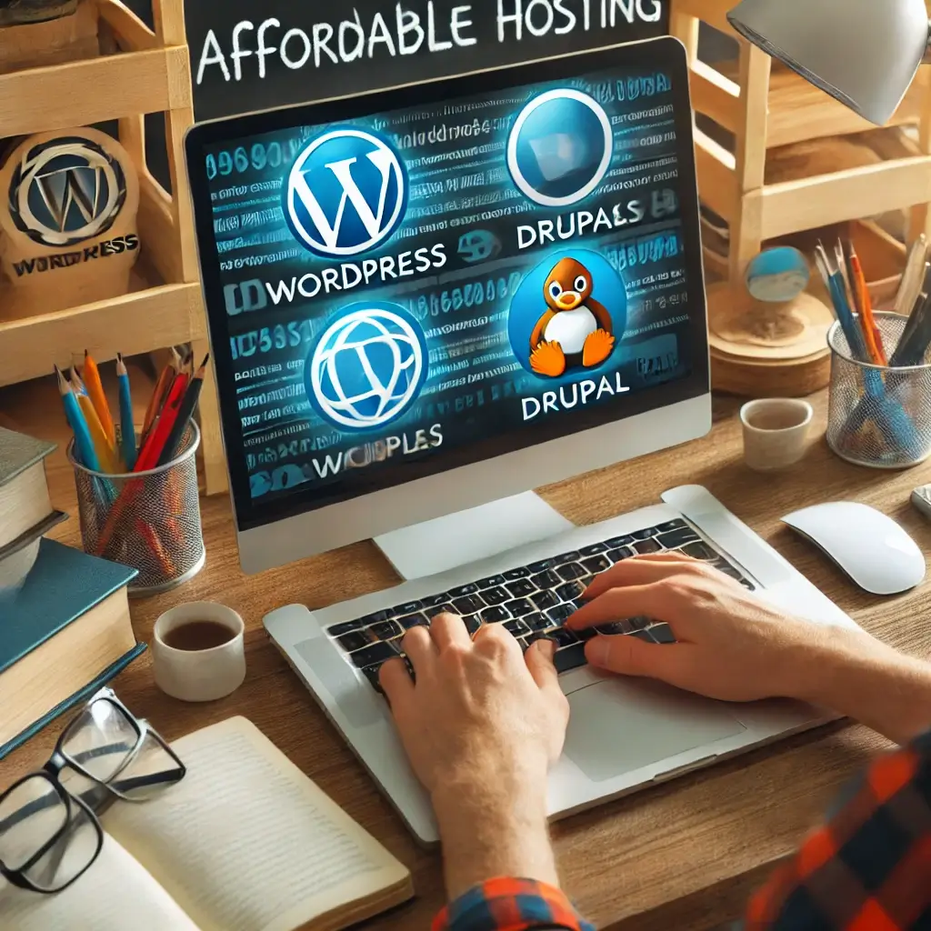 A business owner in Burnaby working on a laptop with WordPress and Drupal logos.