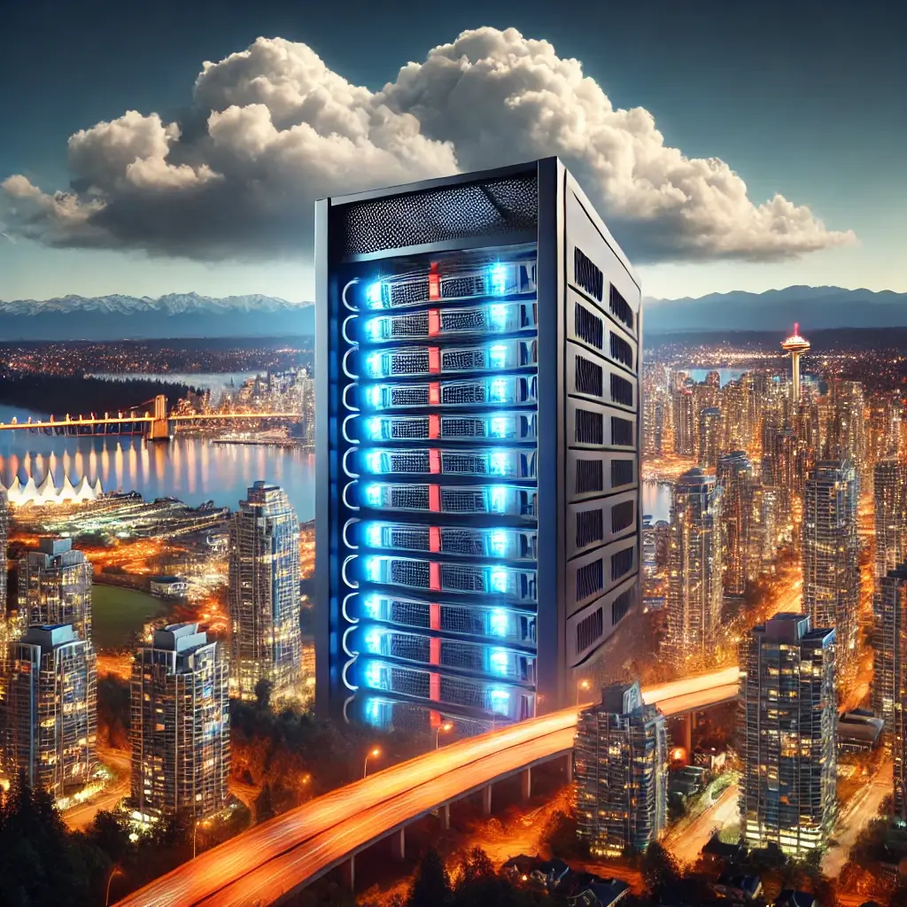 Server rack with a Burnaby cityscape overlay.