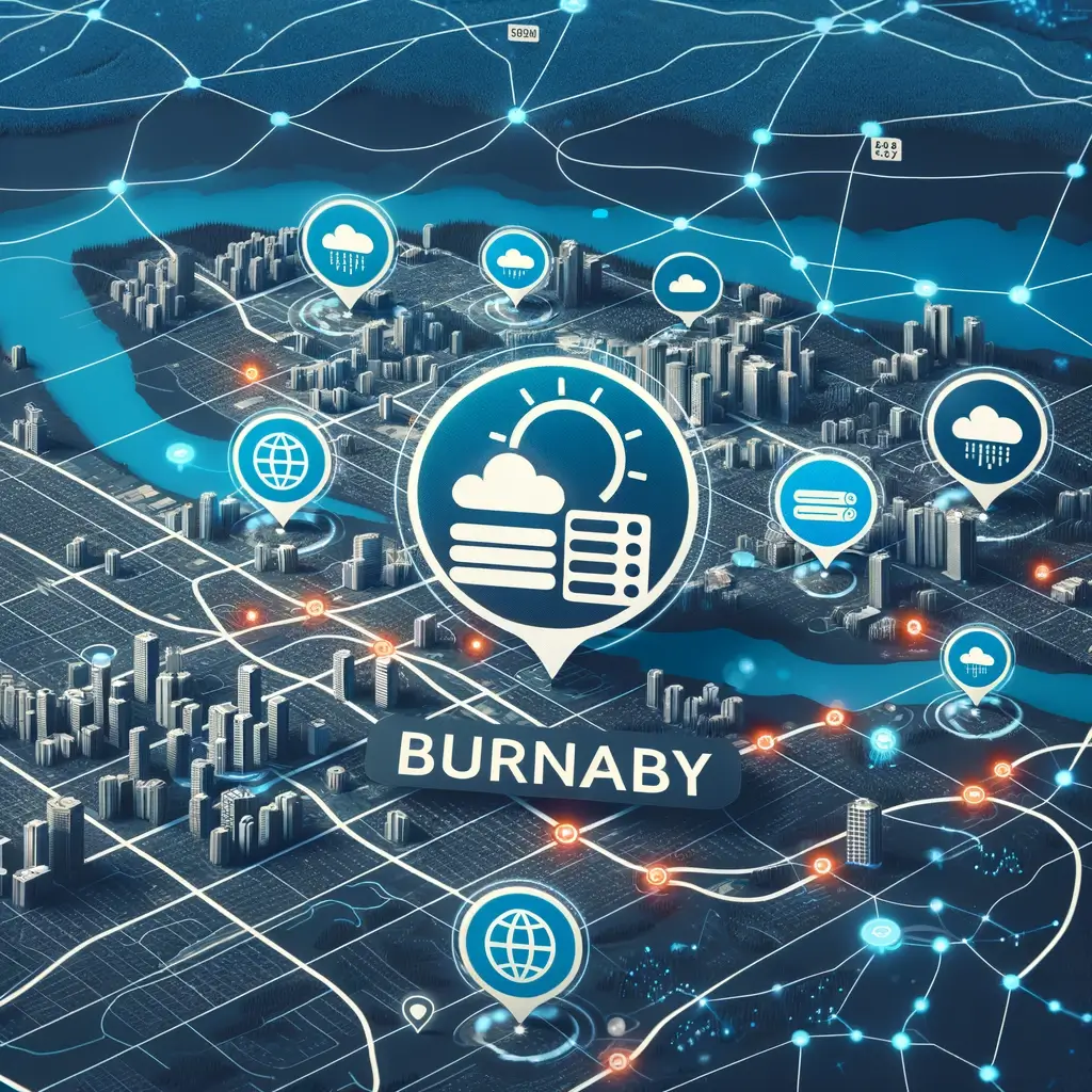 A digital map of Burnaby with hosting service icons