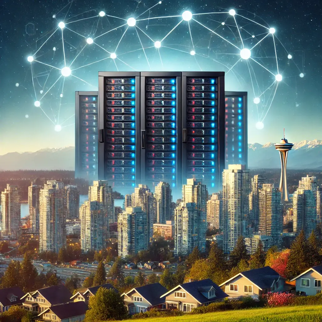 Server rack with Burnaby skyline in the background