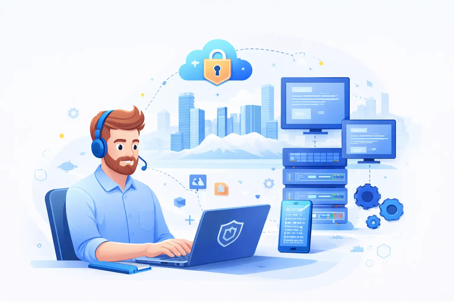 Modern IT consultant working on a laptop with cloud security, servers, and Vancouver skyline elements